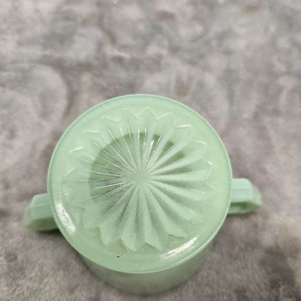 Vintage Jadeite Glass Creamer and Sugar Bowl Set Green Starburst Base 2 Piece